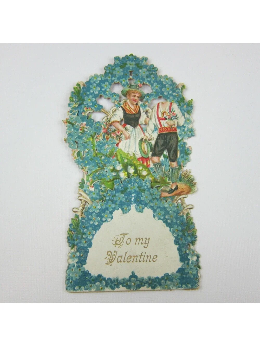 Vintage Valentine 3D Pop Up Die Cut German Girl Red Boy Lederhosen Blue Flowers